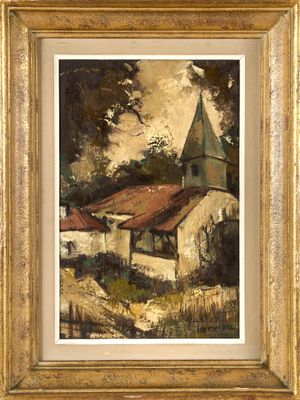 un tableau représentant une église avec un clocher en arrière-plan