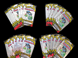 six packs of pokemon trading cards on a black background