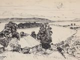 dessin représentant un paysage avec une maison et des arbres au premier plan