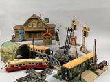 many different types of toy trains on a white surface