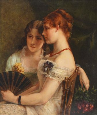 painting of two women sitting on a chair with a fan