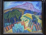 an oil painting of a landscape with a mountain in the background