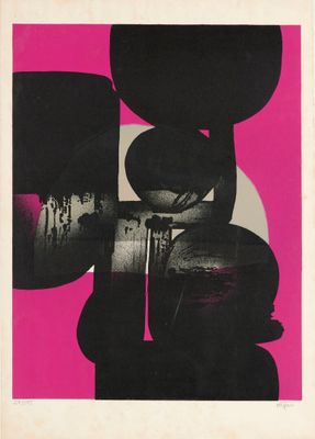 une image représentant une affiche rose et noire sur laquelle figure une photo en noir et blanc