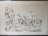 drawing of a group of people riding horses in the desert