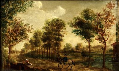 a painting of a man riding a horse on a dirt road