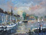 painting of a harbor scene with sailboats and people on the dock