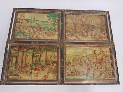 quatre tableaux représentant des personnes et des animaux dans un décor de village