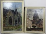 two paintings of a church and a church with a steeple