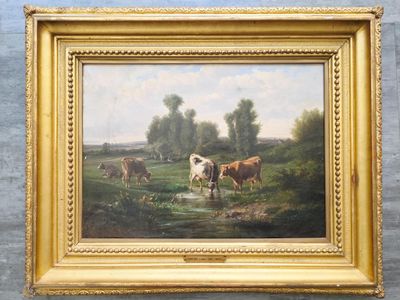 une image d'une peinture de vaches dans un champ