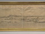un dessin représentant un bateau sur un plan d'eau, avec une montagne en arrière-plan