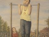 un tableau représentant un homme suspendu à un poteau avec un enfant