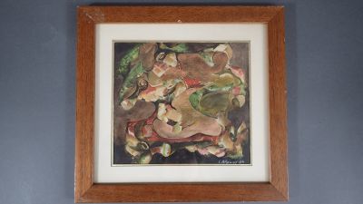 peinture sur le mur d'une salle de bains équipée de toilettes et d'un lavabo