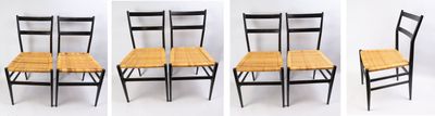 four different pictures of a set of four chairs with a wooden seat