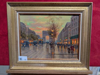 tableau représentant une rue de la ville où des gens marchent dans la rue