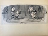 an old book with a drawing of a man and two children sitting on a chair