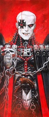 painting of a man dressed as dracula holding a sword and a skull