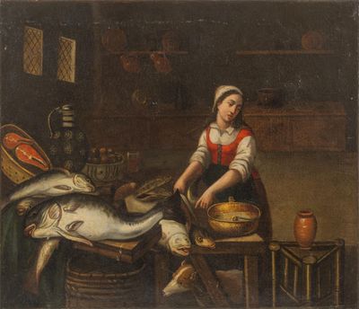 an image of a painting of a woman preparing food in a kitchen