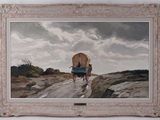 a painting of a covered wagon on the side of a road