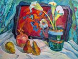a painting of a vase with flowers and pears on a table