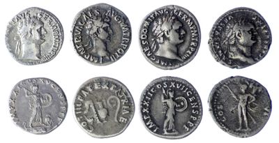 six ancient roman coins with heads of men and women on them