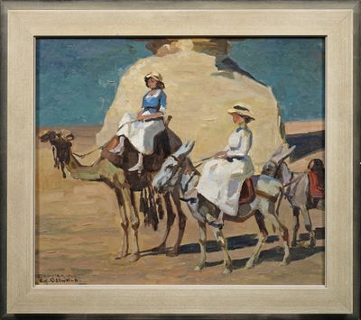 un tableau représentant deux femmes chevauchant des chameaux dans le désert