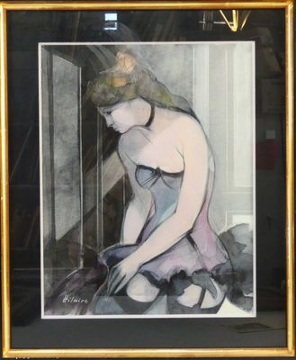 painting of a woman sitting on a bed in a room