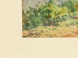 a watercolor painting of a landscape with trees and rocks