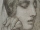 a drawing of a woman with her eyes closed and her hand resting on her chin