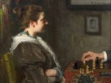a painting of a man and a woman playing a game of chess