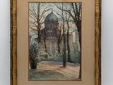 an oil painting of a house in a wooded area with trees