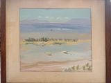 painting of a view of a beach with a boat in the water