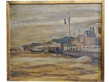 une peinture à l'huile représentant une scène de plage avec des bateaux et des personnages