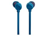 a pair of blue earphones on a white background