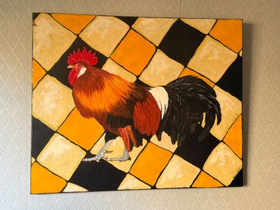 a painting of a rooster standing on a checkered floor