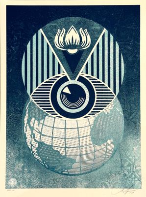 an image of a blue and white poster with an image of a globe
