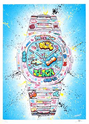 a watercolor painting of a watch with graffiti on it