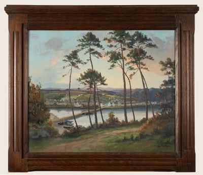 painting of a landscape with trees and a river in the distance