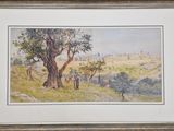 tableau représentant une vue de la ville depuis une colline, avec un arbre au premier plan et un homme à cheval au premier plan