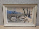 a picture of a painting of a bridge in the snow