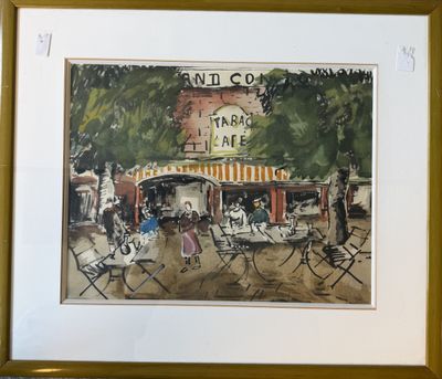 framed watercolor painting of a cafe with people sitting at tables