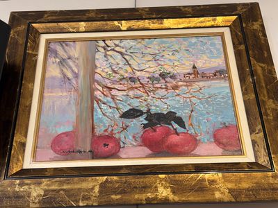 tableau représentant un chat noir assis sur le rebord d'une fenêtre, à côté de pommes rouges
