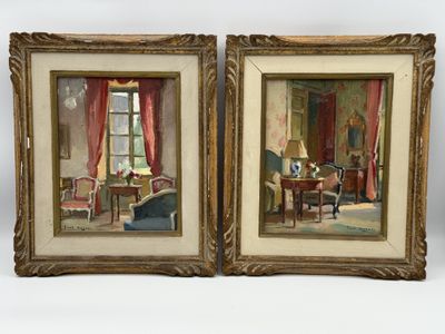 two framed paintings of a living room with a table and chairs