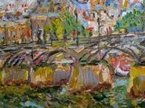 painting of a painting of a bridge over a river with buildings in the background