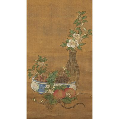 an oriental painting of a vase with flowers and fruit on a table