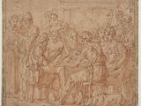 un dessin représentant un groupe de personnes assises autour d'une table