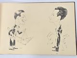 an open book with a drawing of a man and a woman facing each other
