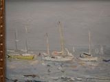 a painting of a group of sailboats in the water