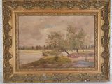 a painting of a river scene with a man and a dog by a tree