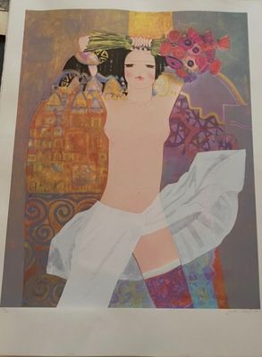 a picture of a woman in a white dress holding a fan