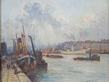 a painting of a harbor scene with boats in the water